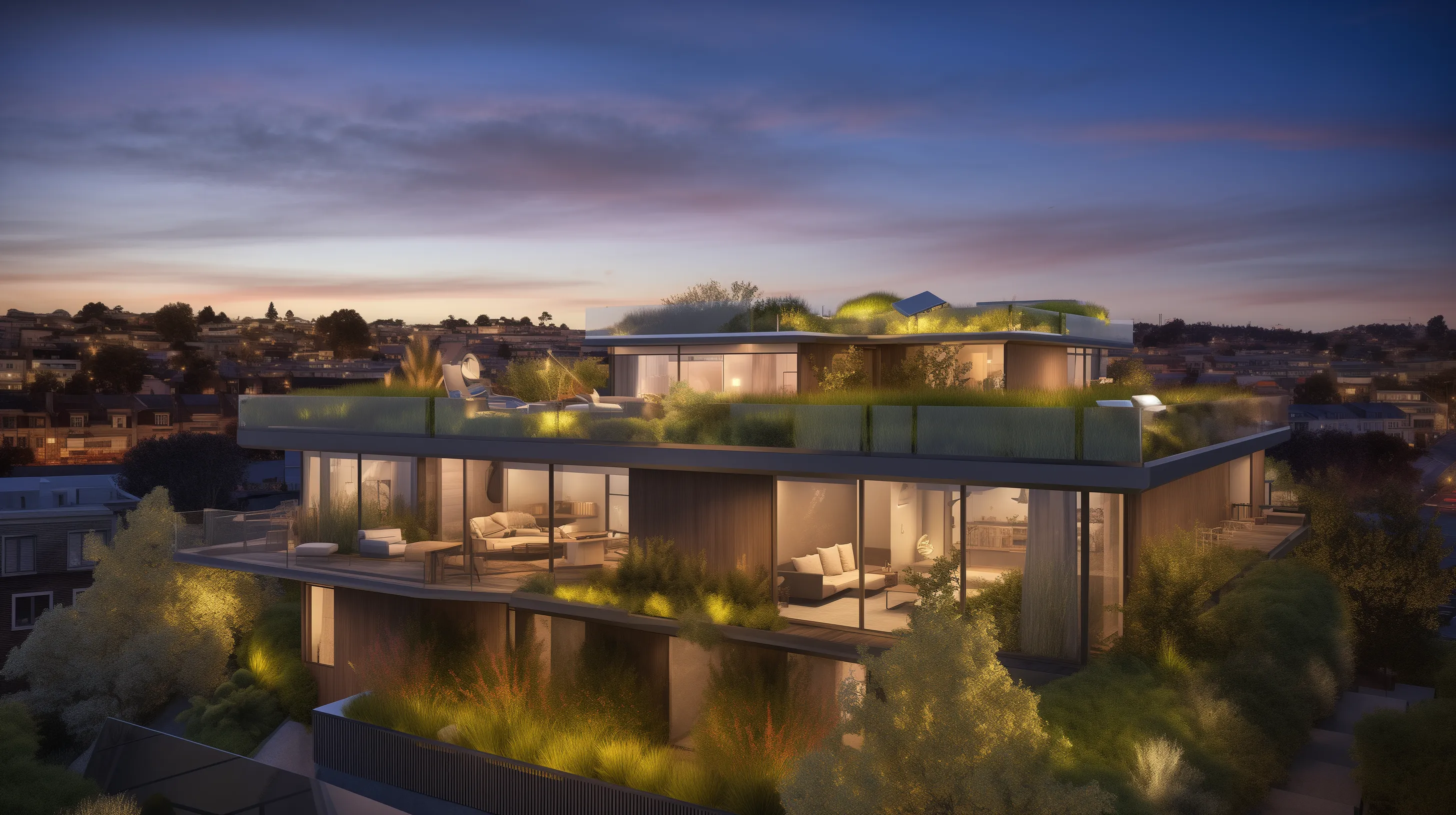 A contemporary multi-level residential building at dusk, featuring lush green rooftop gardens, integrated solar panels, floor-to-ceiling windows, and warm interior illumination overlooking an urban valley, symbolizing eco-friendly luxury living.